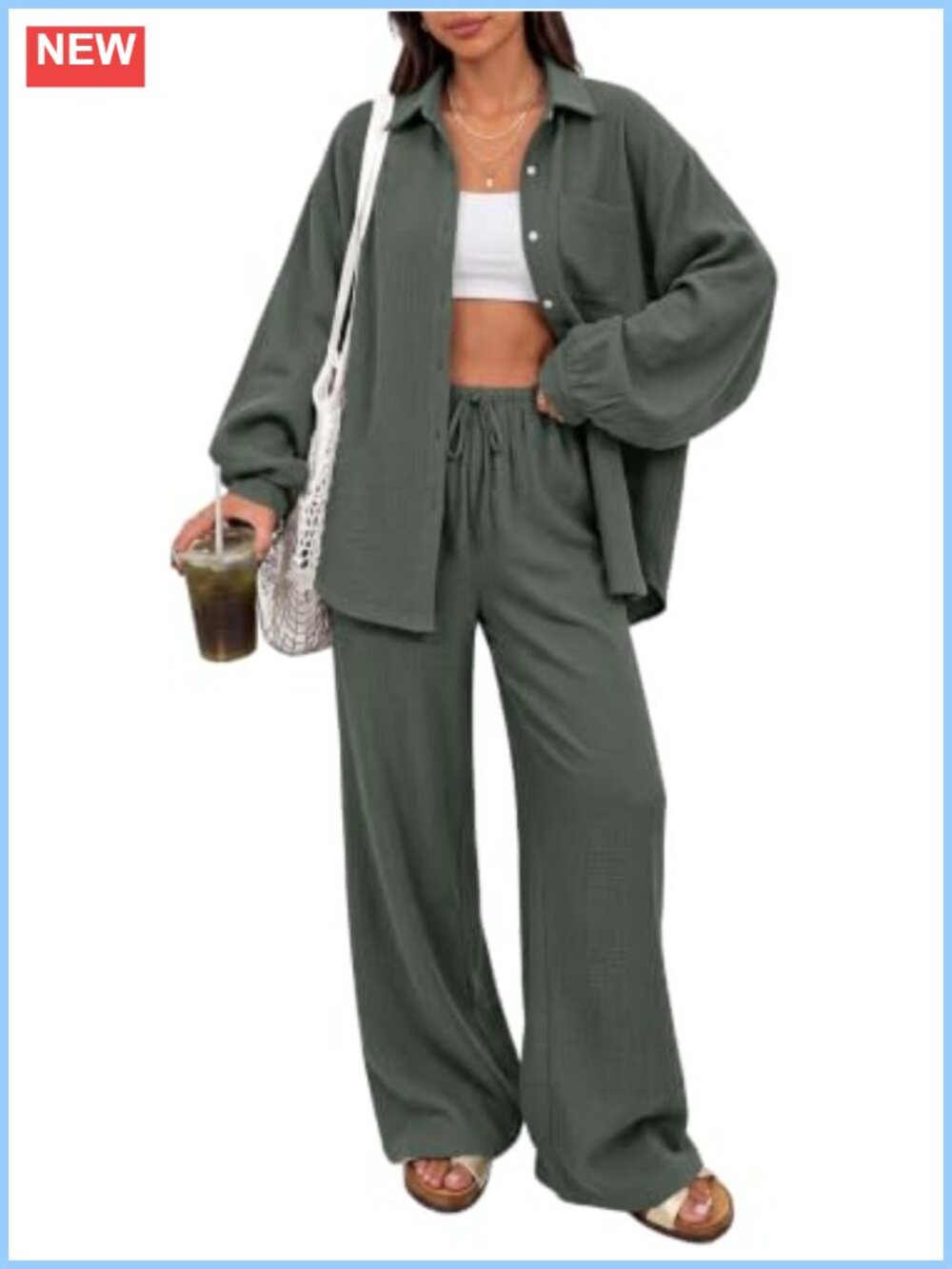 Oversized 2 Piece Lounge Set Cotton Wide Leg Pant Set with Pockets